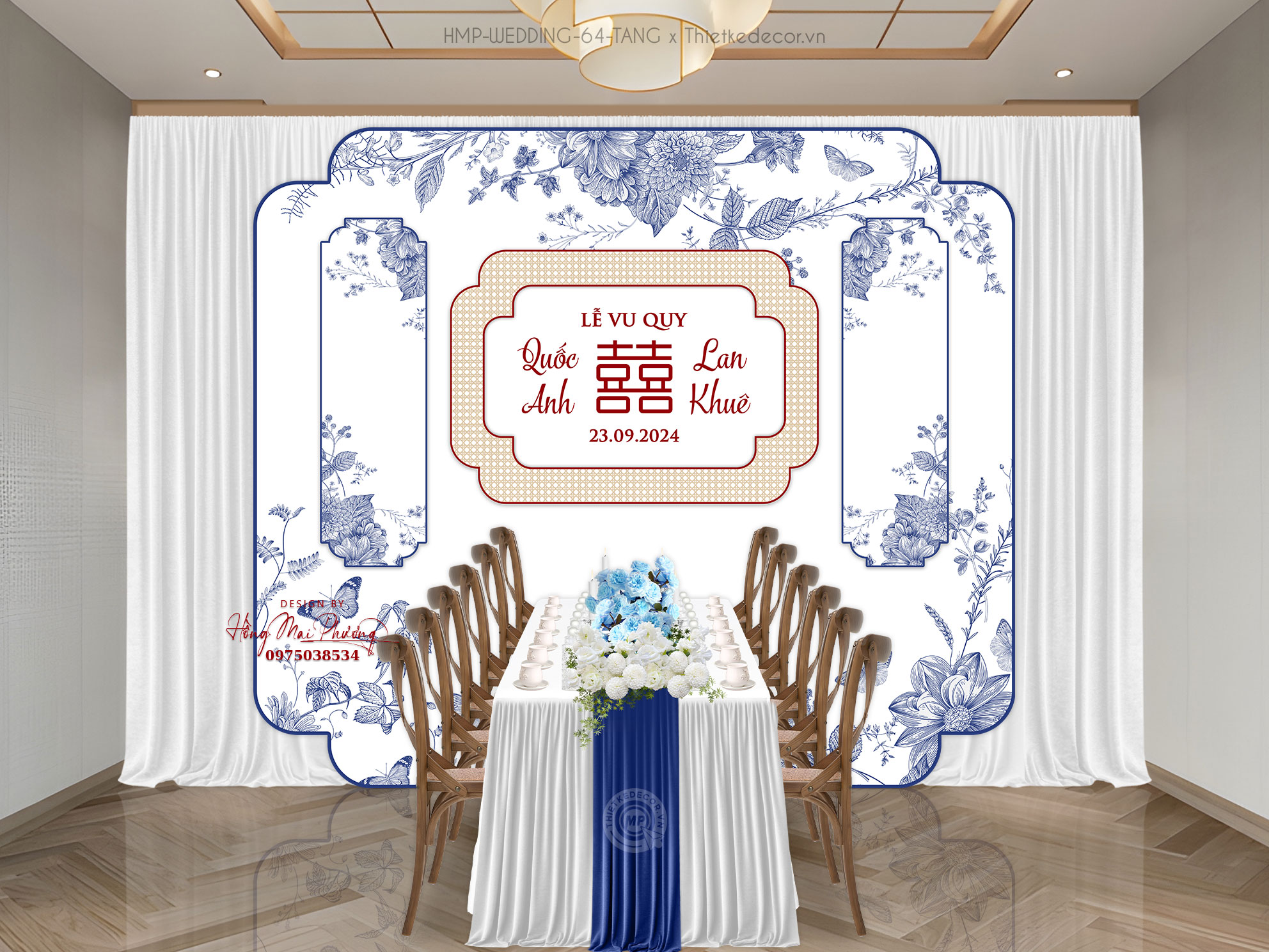 Backdrop gia tiên tone xanh dương họa tiết hoa cành